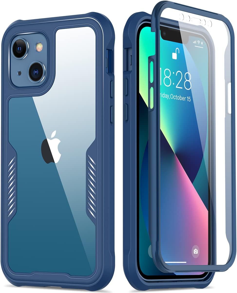 FUNMIKO iPhone 13 Case with Screen Protector,Mili-Grade Heavy Duty Protection Pass 21ft. Drop Tested Durable Slim-fit Clear Plastic Cover Protective Phone Case for Apple iPhone 13 6.1" Blue