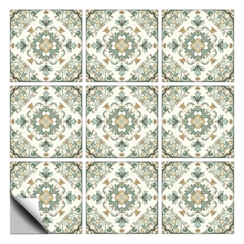 CHGCRAFT 18 Pcs Green Intricate Geometric Pattern Tile Stickers Peel and Stick Waterproof Self Adhesive Wall Decals, for Kitchen Bathroom Wall Art Decor 6x6 Inch
