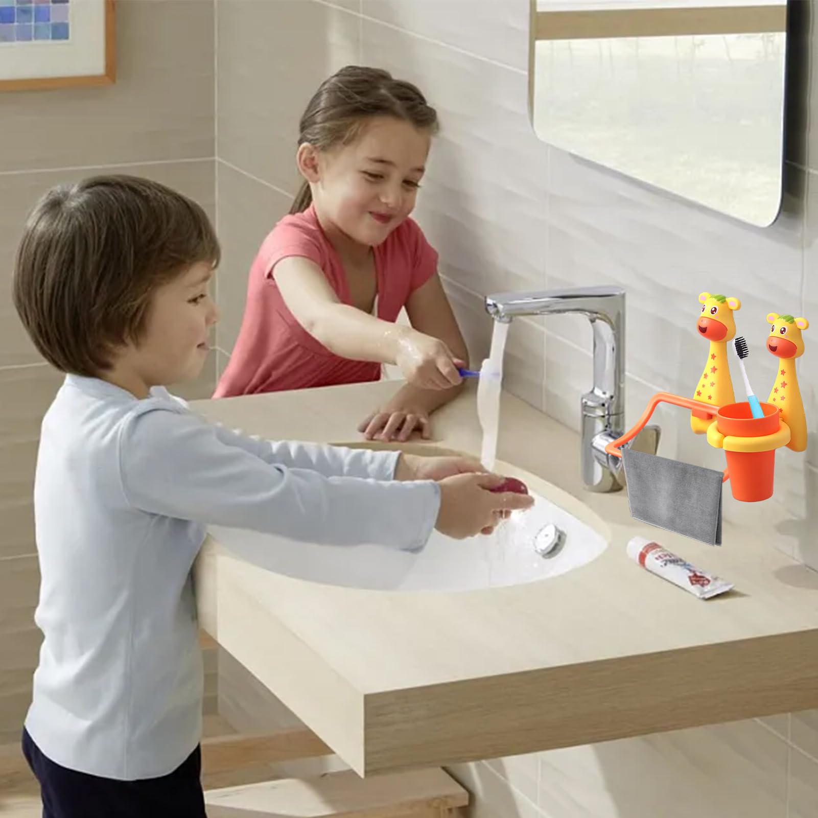 Jauhmui Set di portasciugamani per bambini, design con animali dei cartoni animati, supporto per spazzolino da denti senza forare, pulitore per neonati (giraffa)
