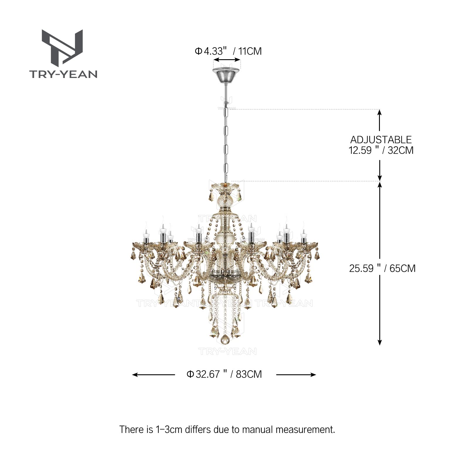 Lámparas de Araña de Coñac Lampara Cristal Colgante Clásico 10 Luces Lámparas Techo Lagrimas K9 Cristal Candelabro con Cadena Ajustable para Dormitorio, Salón, Comedor, Restaurante E14