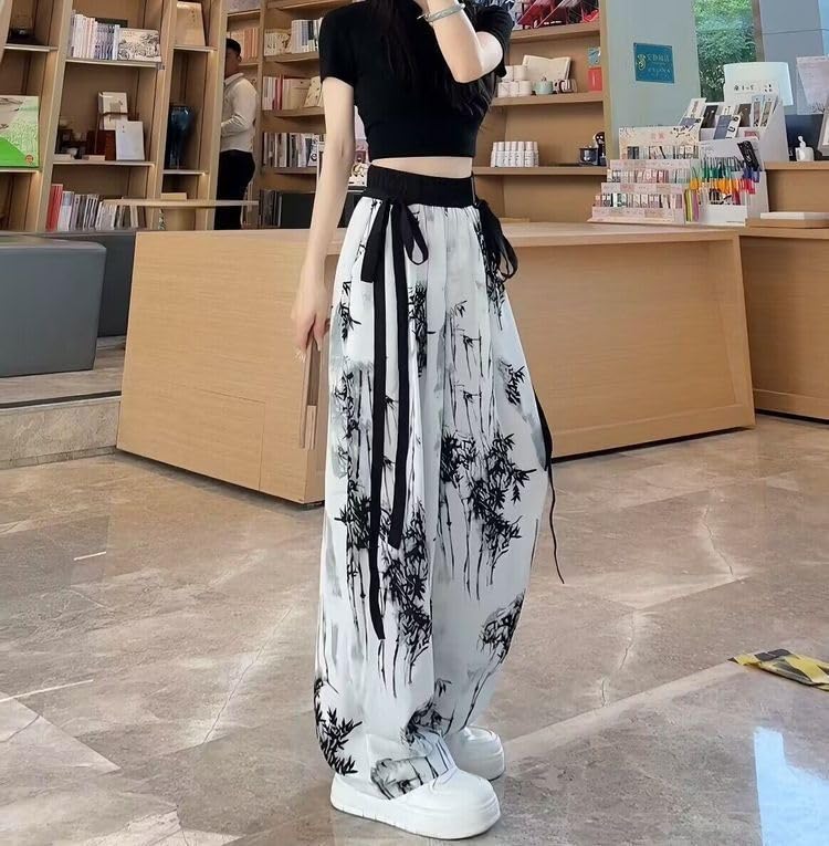 2024 Chinese Style Ink and ice Silk Wide Leg Pants, Summer Wide Leg Pants, Women's Casual Ribbon Leg mop Pants4