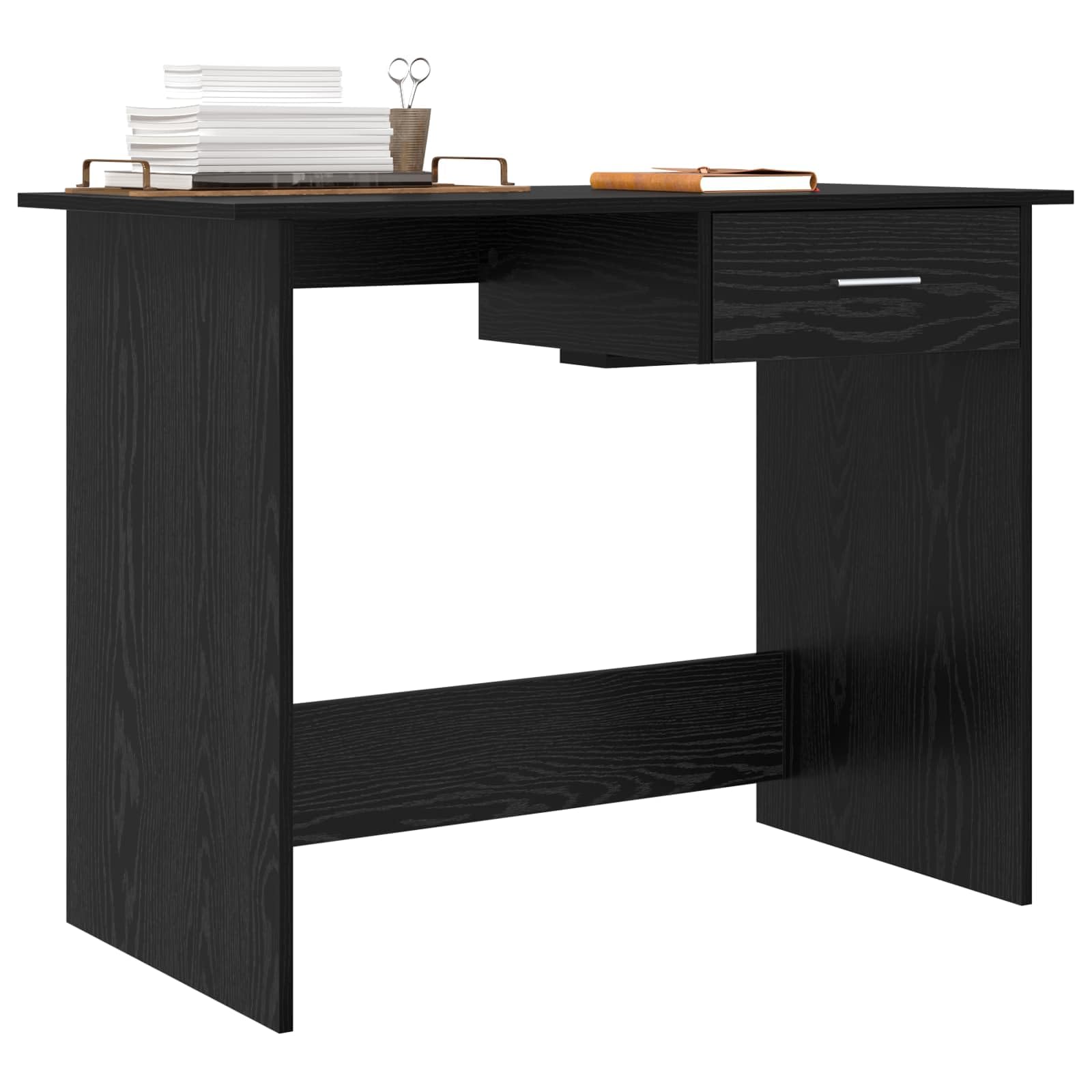 Scrivania per computer con cassetto, colore nero, effetto rovere, 100 x 50 x 76 cm, compatta, salvaspazio, per casa, ufficio, studio, con spazio di archiviazione e design ergonomico