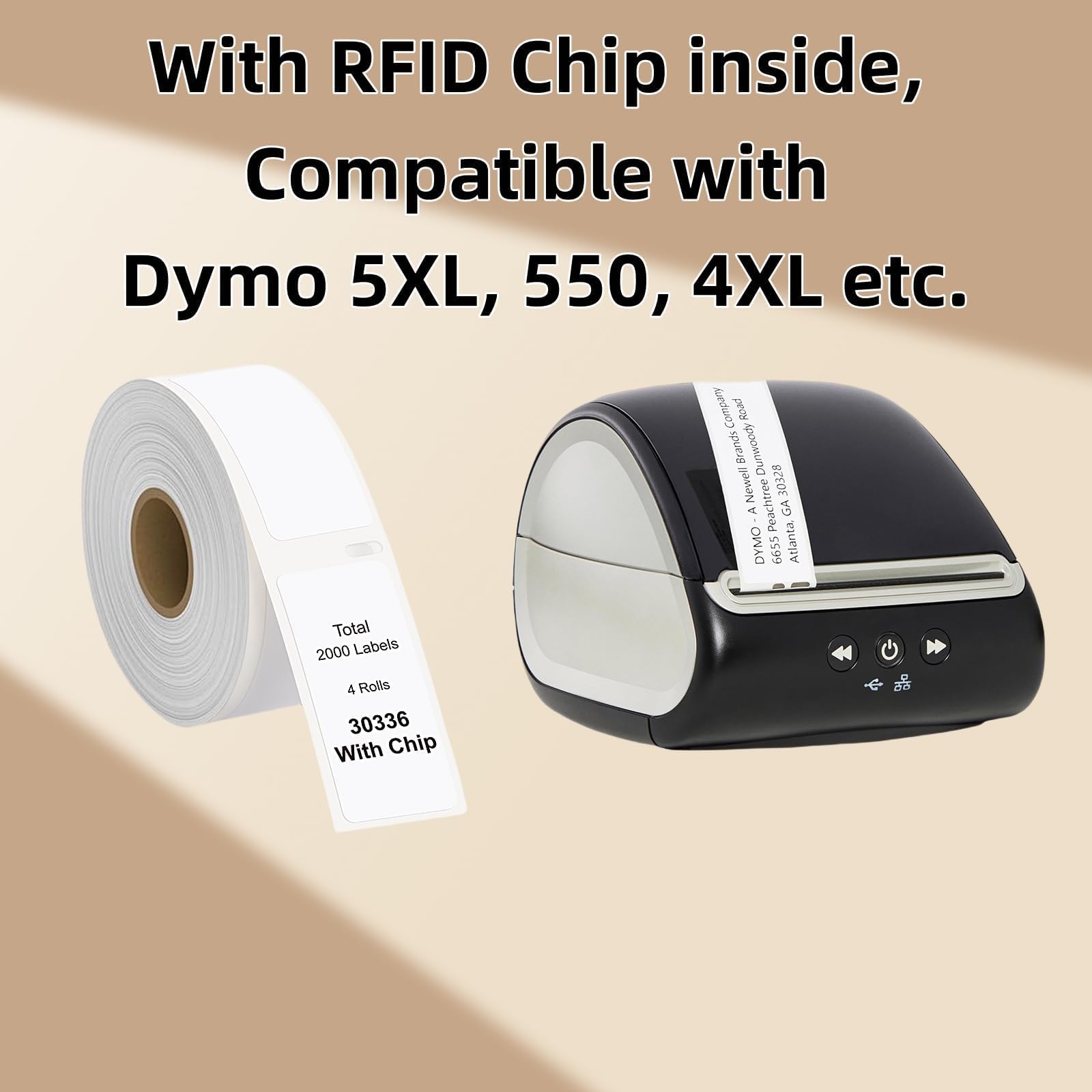 Hehua Lot de 4 rouleaux d'étiquettes compatibles avec DYMO Labelwriter 5XL 550 4XL 450 30336 avec puce RFID, étiquettes d'adresse de retour, 25 mm x 54 mm, total de 2000 étiquettes/4 rouleaux