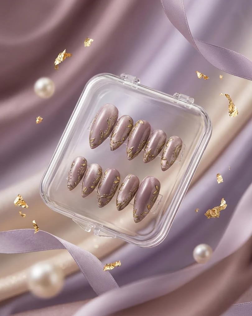 Mauve Swirl Gilded Press-On Nails | Elegant Mauve Marble with Gold Accents | Glossy Finish | Lightweight & Long Lasting | Easy DIY Nail Kit | Perfect for Weddings, Festival Wear & Chic Looks-image-17