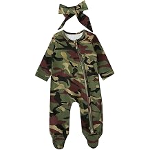 Baby Girls Boys Camouflage Jumpsuit Bow Headband Zipper Long Sleeve Newborn Casual Onesie Crewneck Cotton