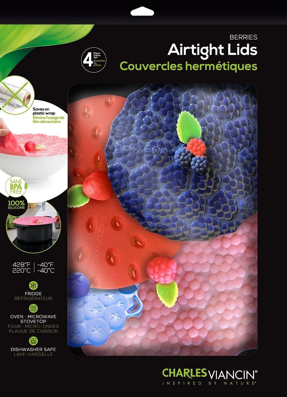 Charles Viancin - Berries Lid Gift-Box - Set of 4 Silicone Lids for Food Storage and Cooking - 11''/28cm + 9''/23cm + 8''/20cm + 4''/10cm - Airtight Seal on Any Smooth Rim Surface