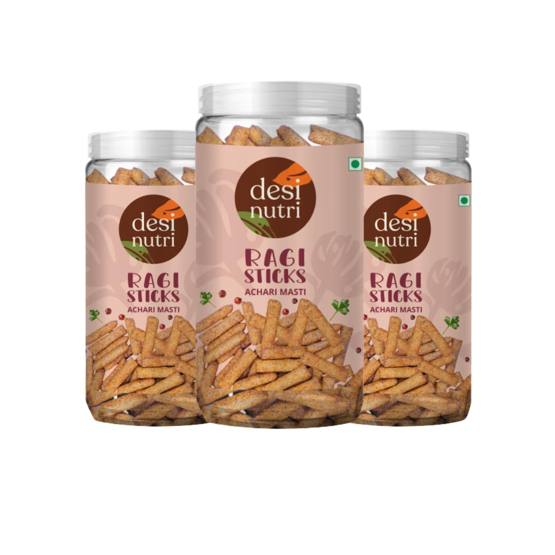 Desi Nutri Ragi Sticks | Rich in Nutrients like Iron & Protein | Ready to Eat Ragi Sticks Achari Masti |Tasty Achari Flavour | Ideal for Binge Munching, Night Cravings or Evening Snack | Baked | Pack of 3 - 120 gms each