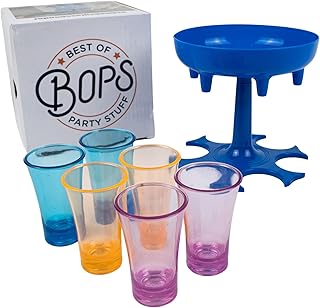 BOPS® - Schnapsglasspender für 6 Personen inklusive mehrfarbiger Gläser - Shot Verteiler Trinkspiel Ausgießer inklusive Ve...