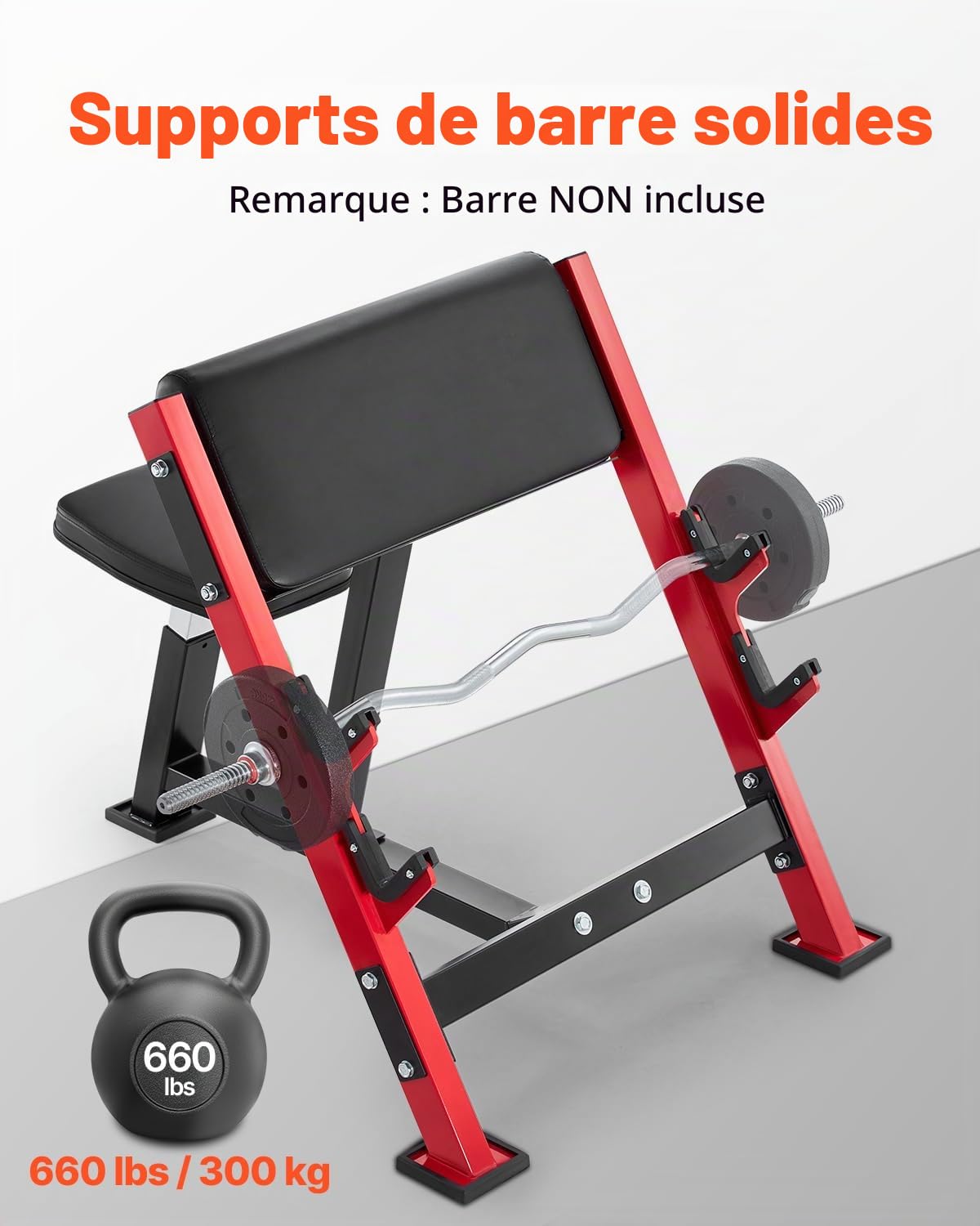 VEVOR Banc à Biceps Charge Maximale 300 kg, Pupitre à Biceps pour Entraînement avec Haltères et Barre d’Haltères, Banc de Musculation Fitness Réglable, avec Supports de Barre, pour Salle de Sport