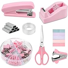 Pink Office Supplies Stapler and Tape Dispenser Set with Stapler,Tape Dispenser,Staple Remover,Staples,Clips,Scissor and Sticky Notes Pink Desk Accessories for Student School Home Home Desk