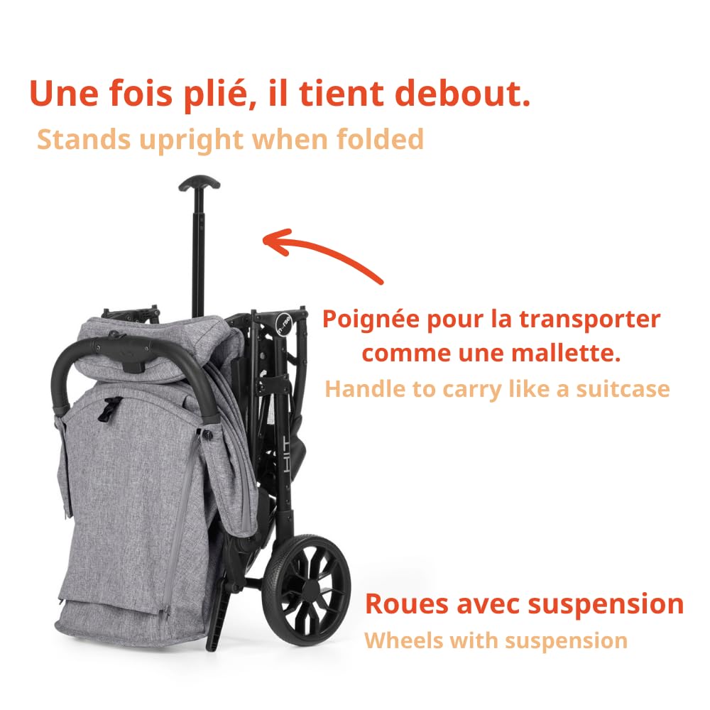 Nurse Hit Poussette légère jusqu’à 22 kg, Pliage compact à une main, Poignée de transport, Dossier inclinable, Capote extensible, Gris