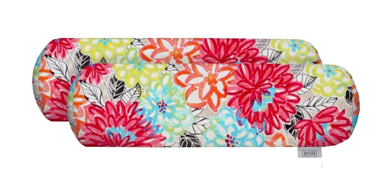 RSH DECOR Set of 2 - Indoor/Outdoor Square Decorative Neckroll/Bolster Pillows - Yellow, Orange, Blue, Pink Bright Artistic Floral - Choose Size (20 x 6)