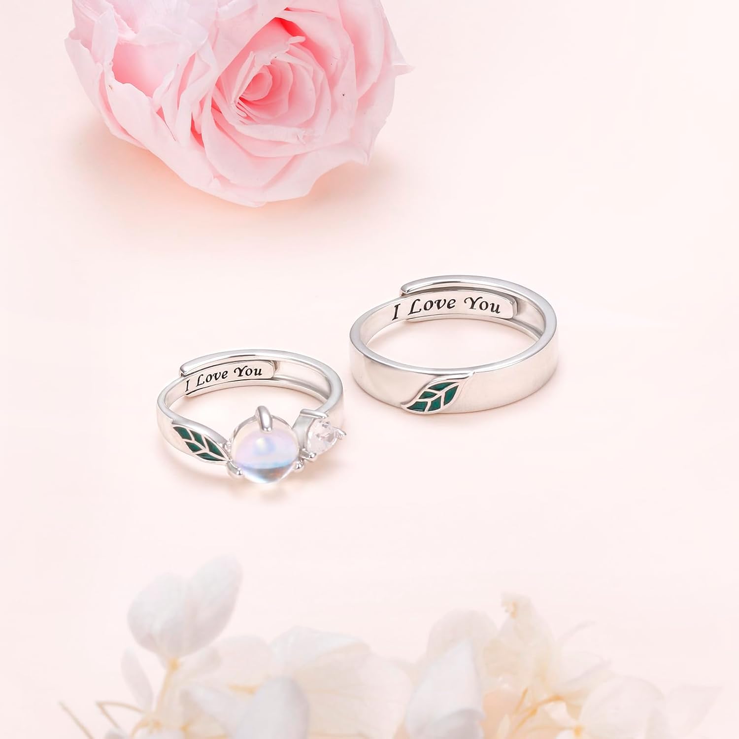 925 Sterling Silver Matching Promise Rings for Couples Him and Her, Moonstone Green Leaf Couple Ring Set, Wedding Valentine's Day Birthday Gifts for Her Wife Women