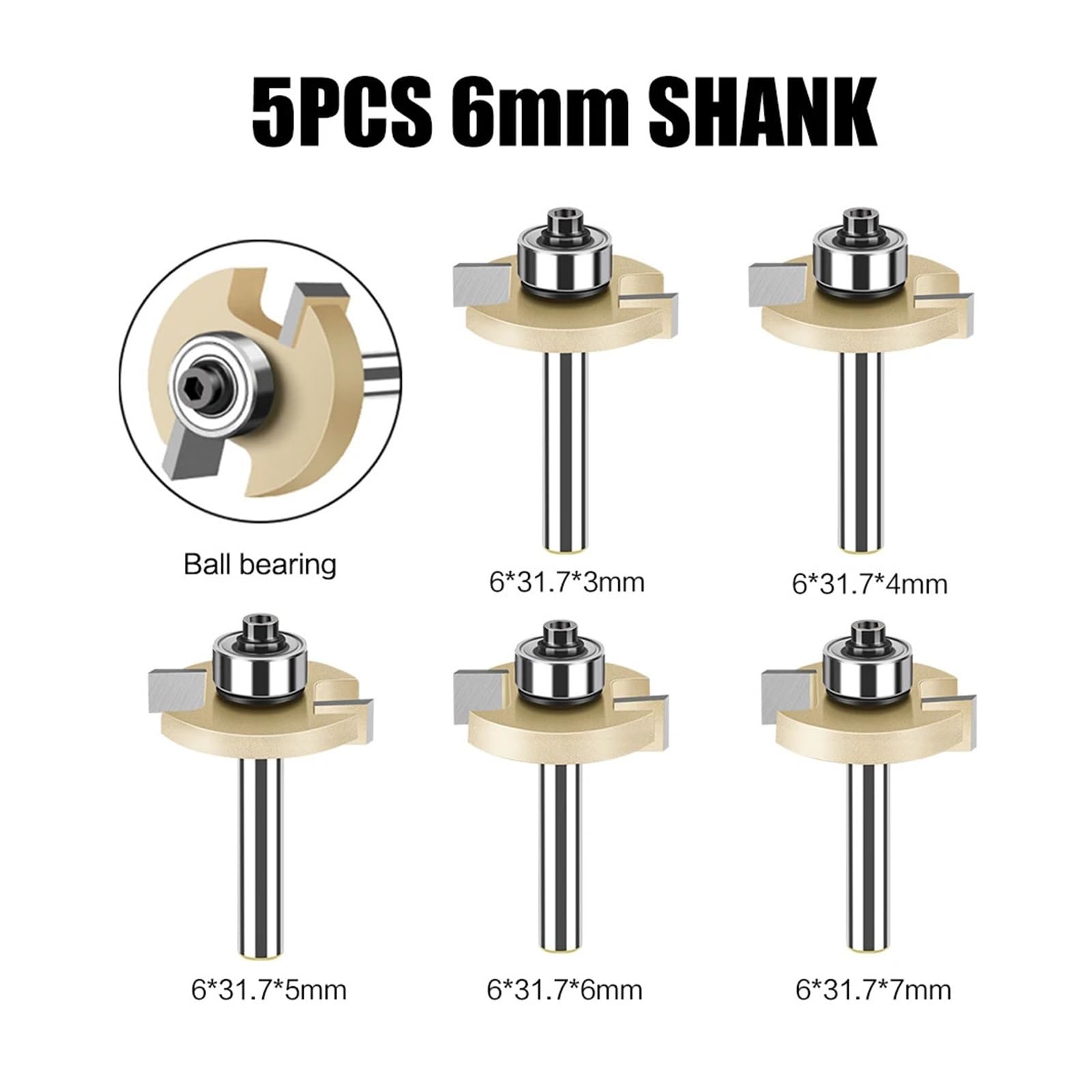 1/5/10 sztuk 6mm 1/4in Shank t-slot frez typu T do rowków z łożyskiem wręgowanie frezowanie narzędzia obróbki drewna(5PCS 6mm Shank)