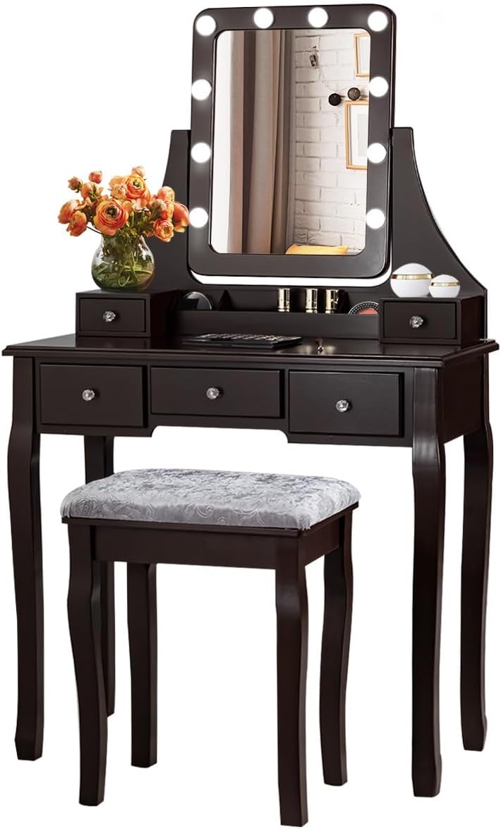 DORTALA Vanity Table Set w/ 360-Degree Rectangular Mirror & Cushioned Stool, Makeup Table w/ 10 LED Dimmable Bulbs, Bedroom Wood Dressing Table w/ 5 Drawers & Removable Box Organizer, Brown