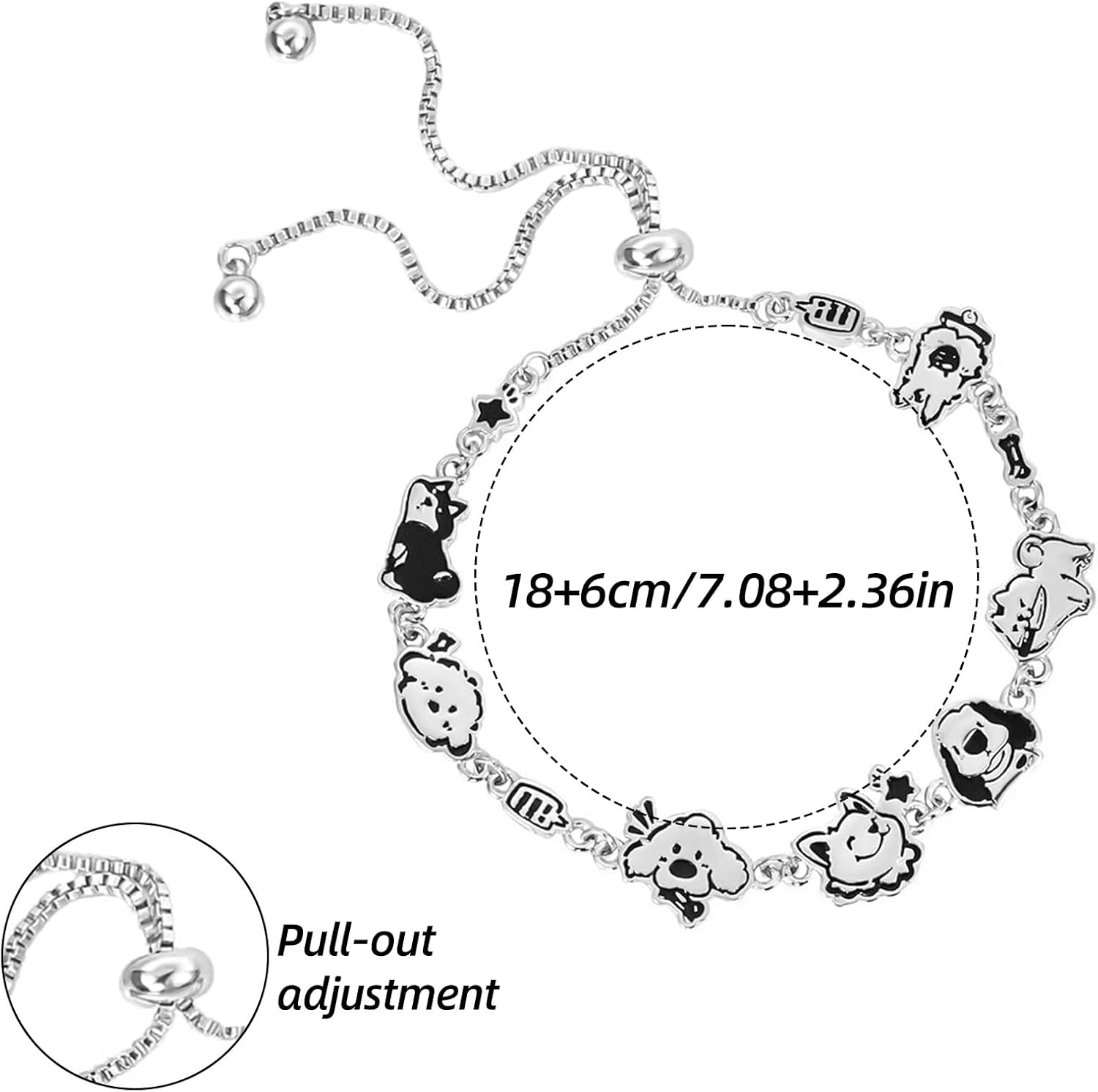 Sterling Silver Dog Charm Bracelet Black and White Cute Puppy Bracelet Adjustable Silver Charm Bracelet for Women Teenagers Dog Lover Gifts Jewelry - Image 2