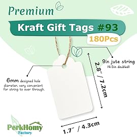 PH PERKHOMY 180 Pcs Glitter Brown Paper Gift Tags with String, Blank Price Tags for Gifts Crafts Wedding Christmas, Glitter White