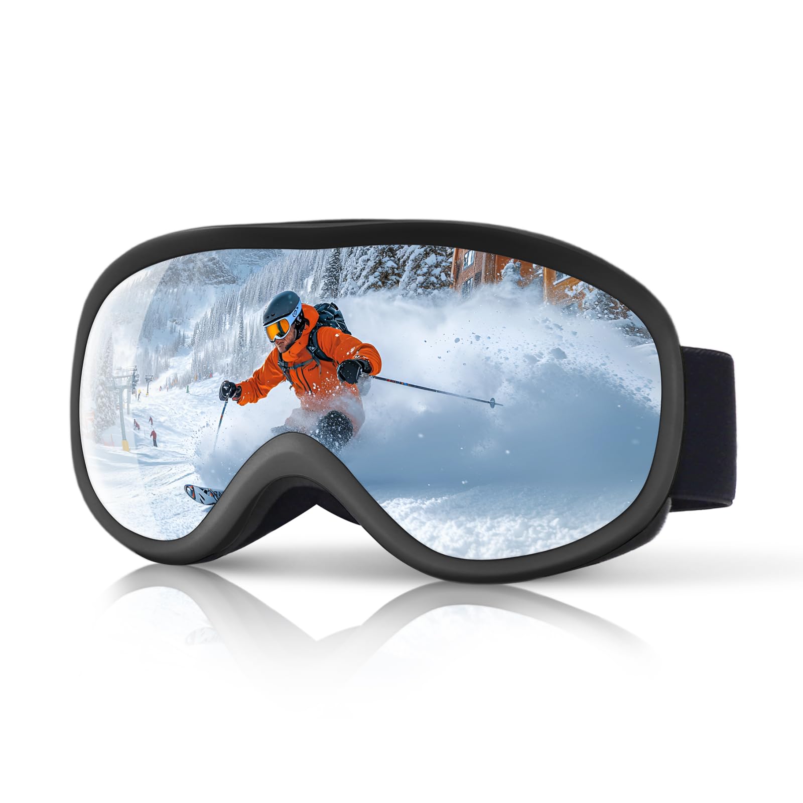 Masque de Ski anti-buée à double écran - Lunette de Ski sphérique pour adultes et adolescents - compatible avec lunettes de vue (Noir Argenté)
