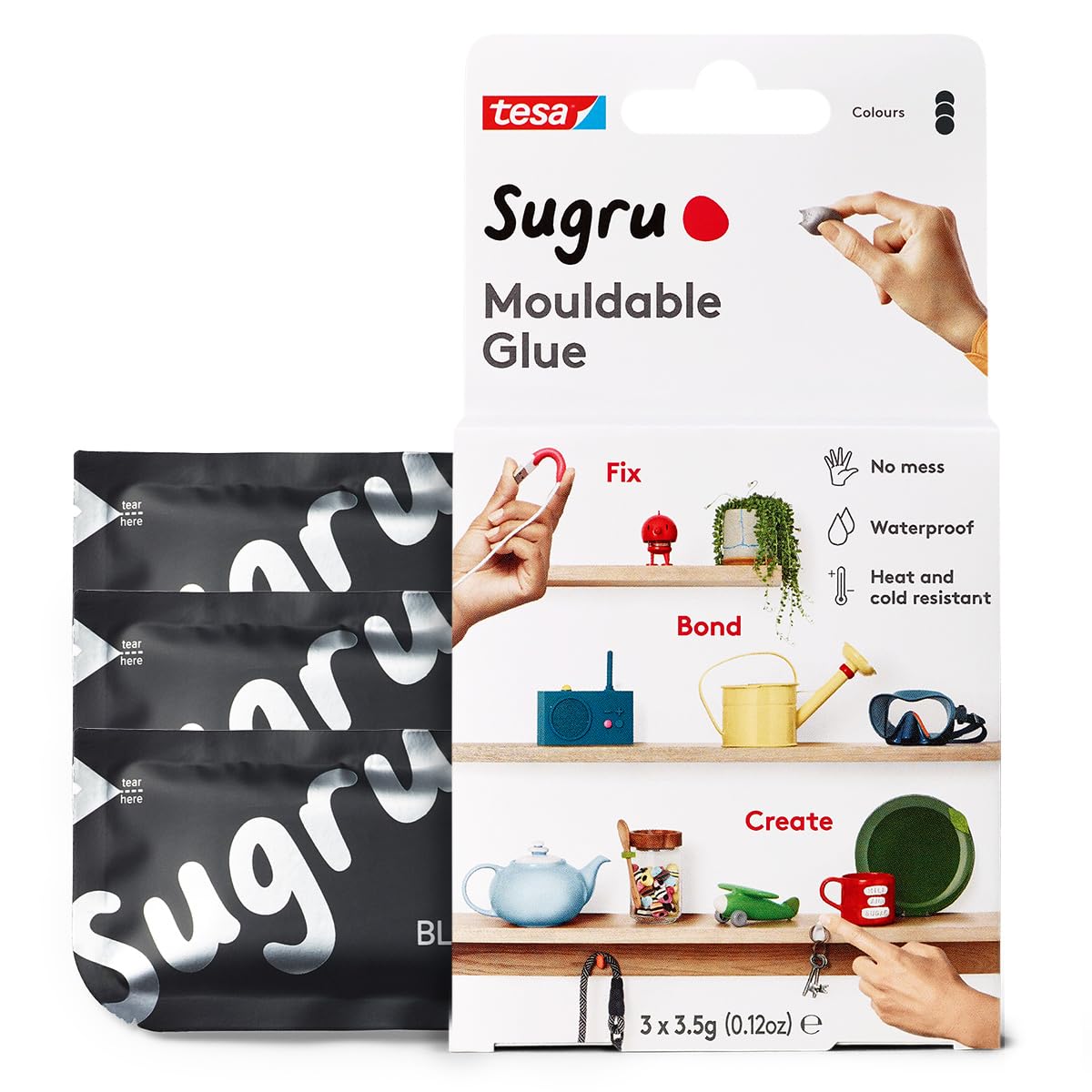 Sugru by tesa - Formbarer Allzweckkleber, 3er-Pack, 3 x 3,5 g, Schwarz - vielseitige Klebeknete - zum Dekorieren, Kleben, Reparieren und für kreative DIY-Anwendungen