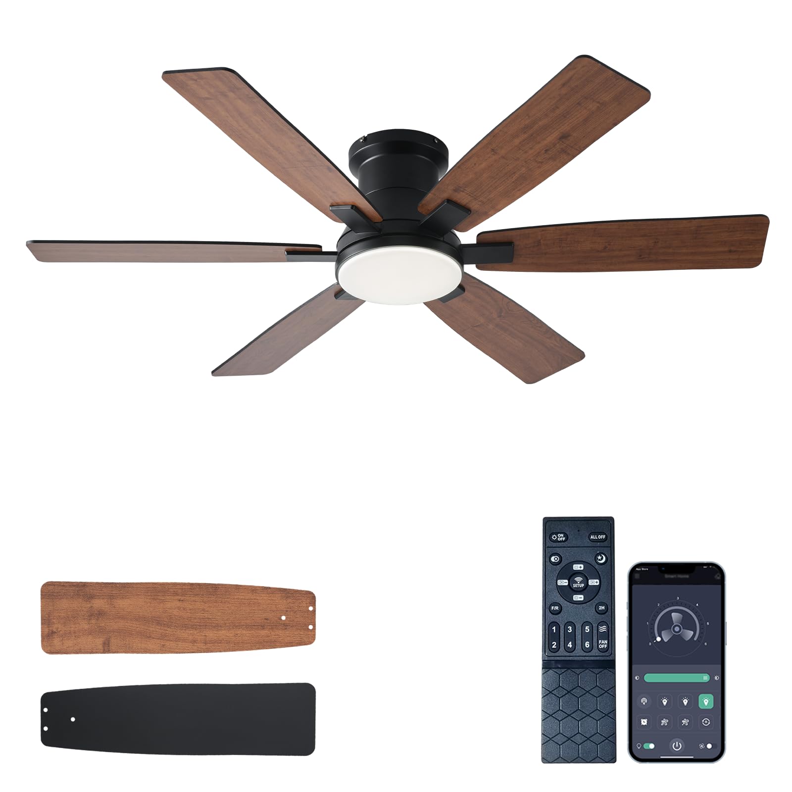 Ayaoty 52 inch Ceiling Fans with Lights and Remote - Low Profile Ceiling Fan with Light, Flush Mount, Reversible, 3CCT, Dimmable, Noiseless, Flush Mount Ceiling Fan for Bedroom Living Room Patios