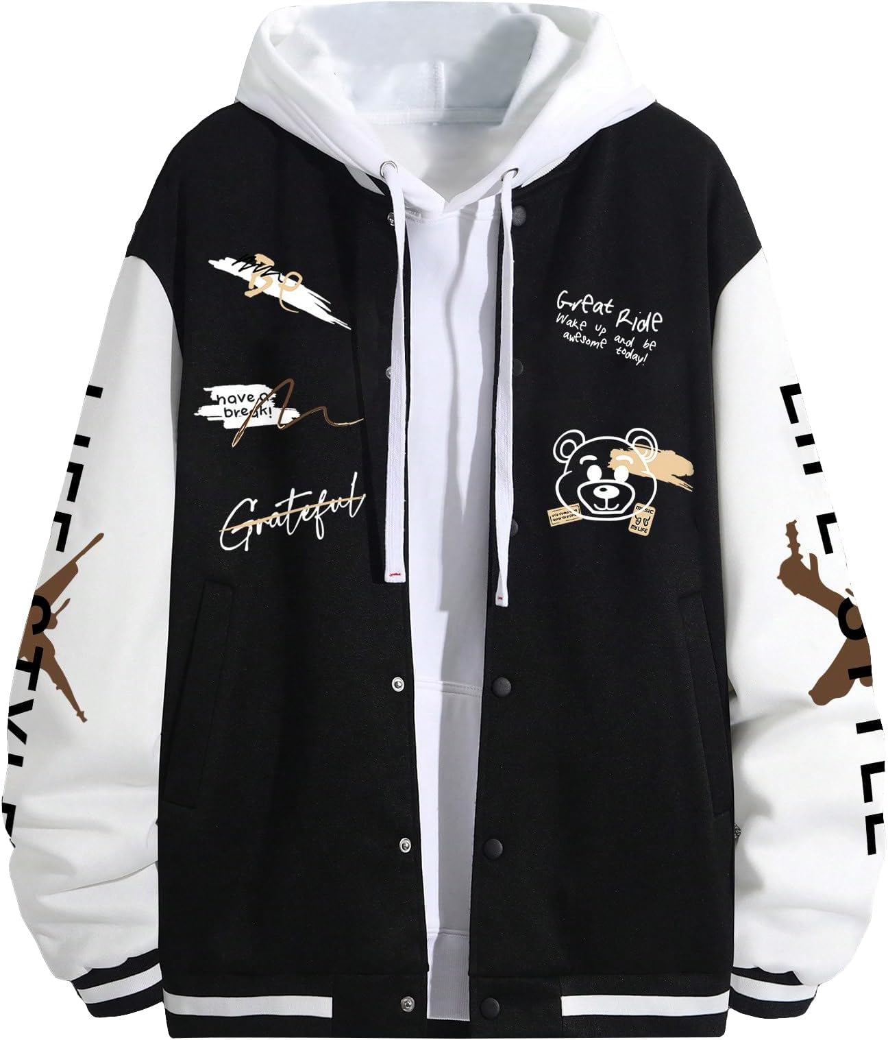SHENHE Men's Slogan Graphic Button Down Varsity Jacket Baseball Bomber Jackets