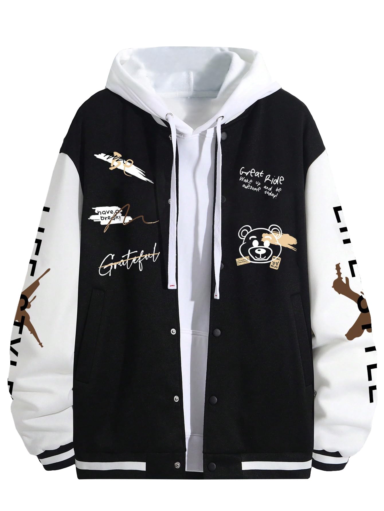 SHENHEMen's Slogan Graphic Button Down Varsity Jacket Baseball Bomber Jackets