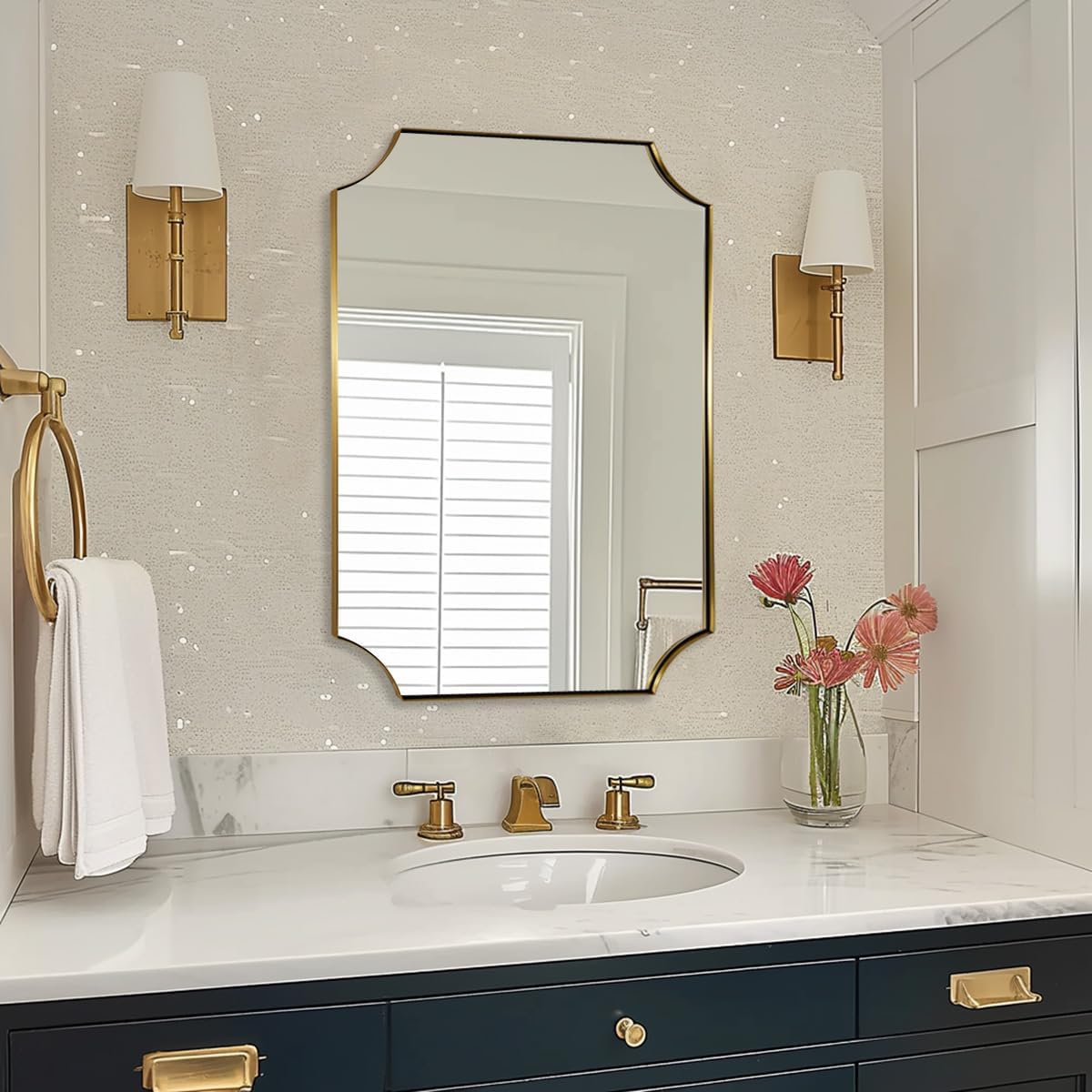 Brushed Gold Bathroom Mirror, 22x30 Inch Scalloped Rectangle Mirror, Gold Bathroom Vanity Mirror, Antique Brass Mirror in Anti-Rust Stainless Steel Metal Frame for Bathroom, Entryway