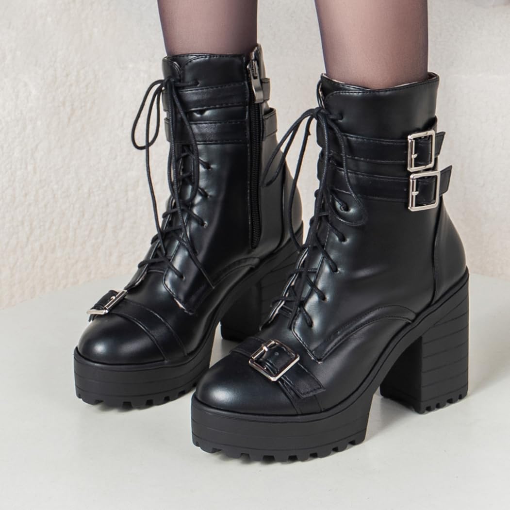BEAUPAS Women's Gothic Boots Platform Chunky Ankle Boots High Heels Buckle Combat Boots Motorcycle Punk Boots Lace Up Block Heel Booties Round Toe Shoes