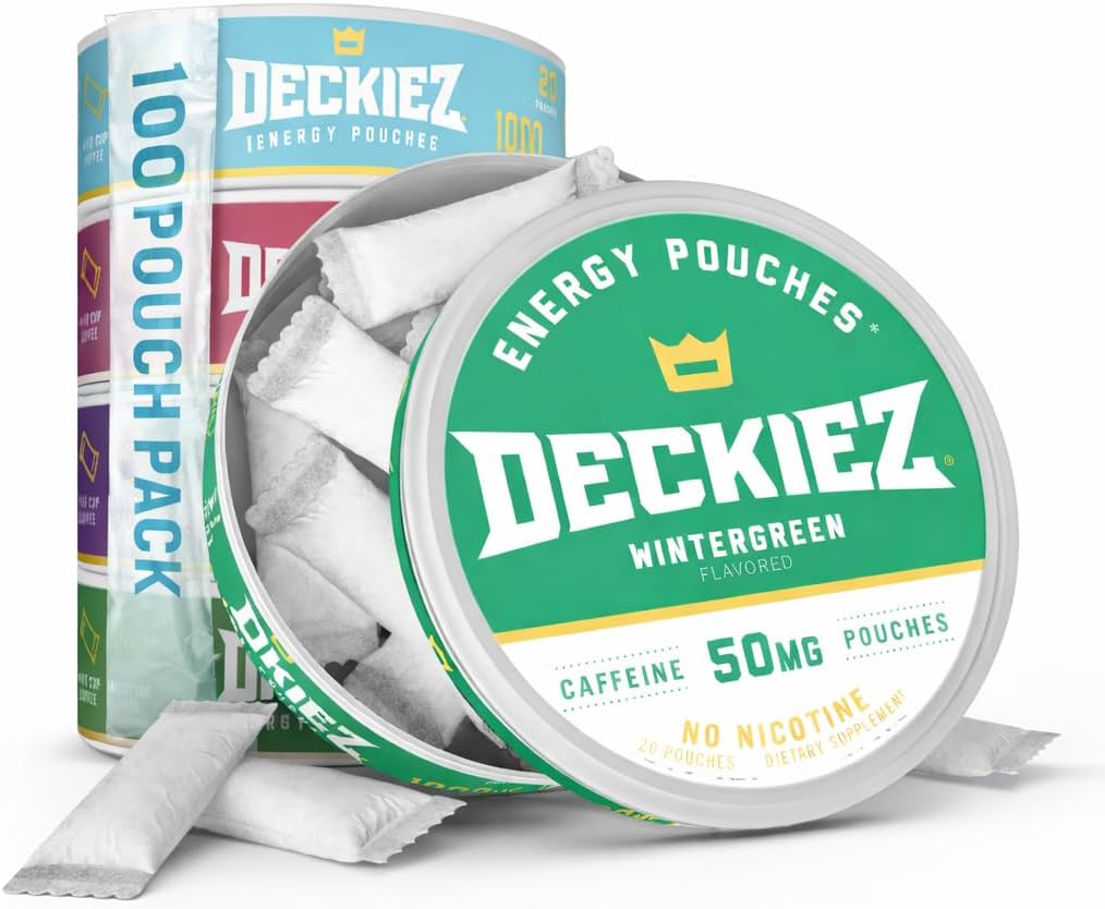 Deckiez Energy Pouches, 5 Cans (100 Pouches), Sugar Free Caffeine Supplement, Coffee Pouches & Energy Drink Alternative, 50mg Caffeine Pouches, 5 Pack Variety Flavors