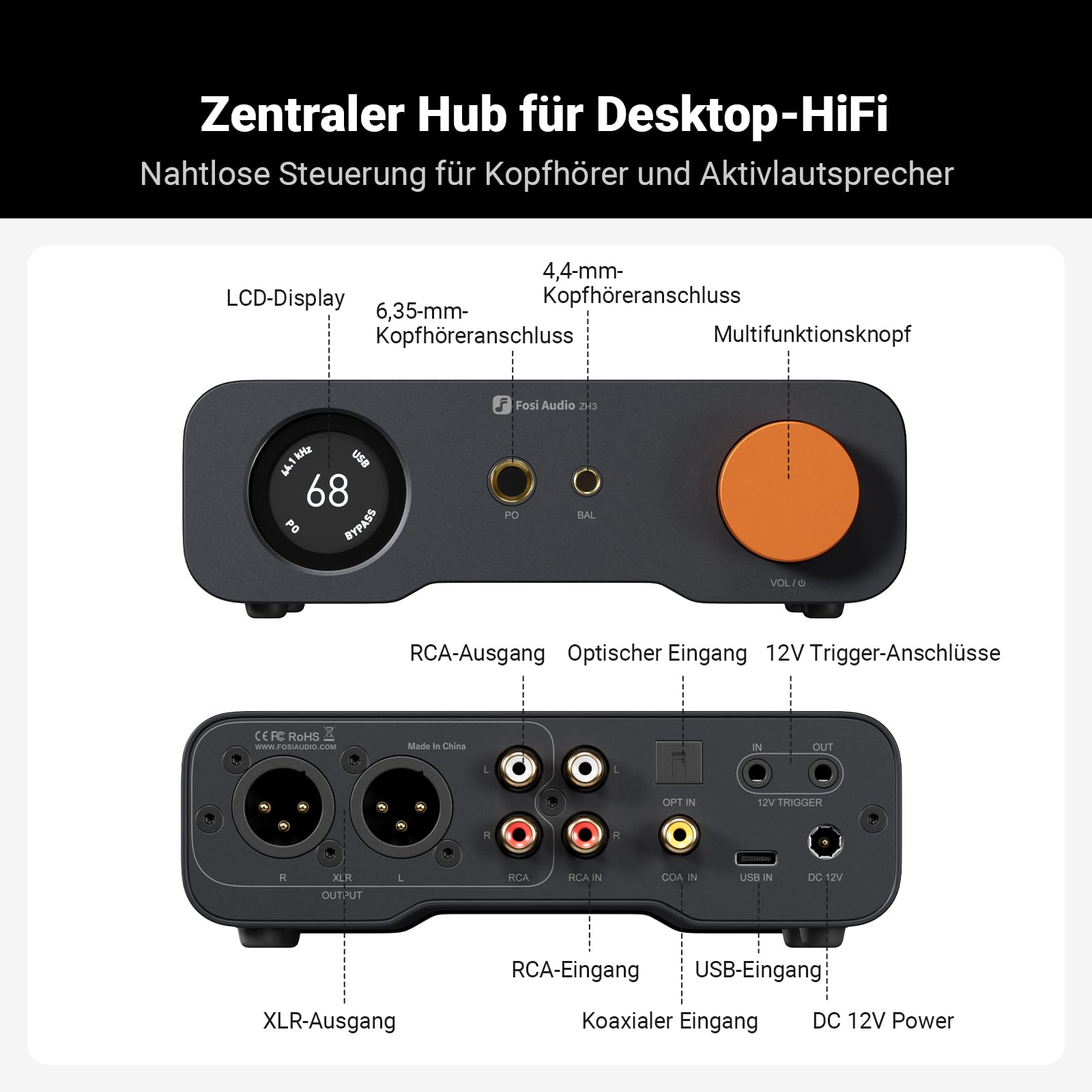 Fosi Audio ZH3 Full Balanced HiFi Vorverstärker DAC Kopfhörerverstärker AKM4493SEQ XMOS XU316 PCM 768kHz