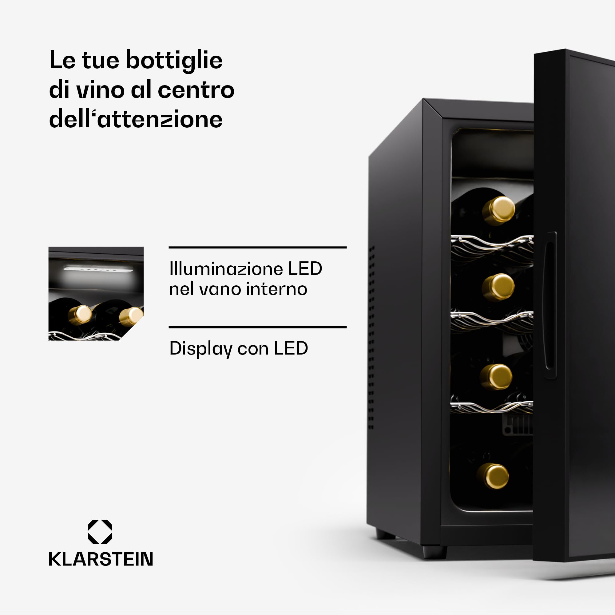 Klarstein Cantinetta Vino Refrigerata a Zona Singola per Interno-Esterno, Frigo Bar, Cantina Vino con Porta in Vetro, Mini Frigo Silenzioso, Frigorifero Piccolo, Illuminazione LED, 5-22°C 16 Bottiglie