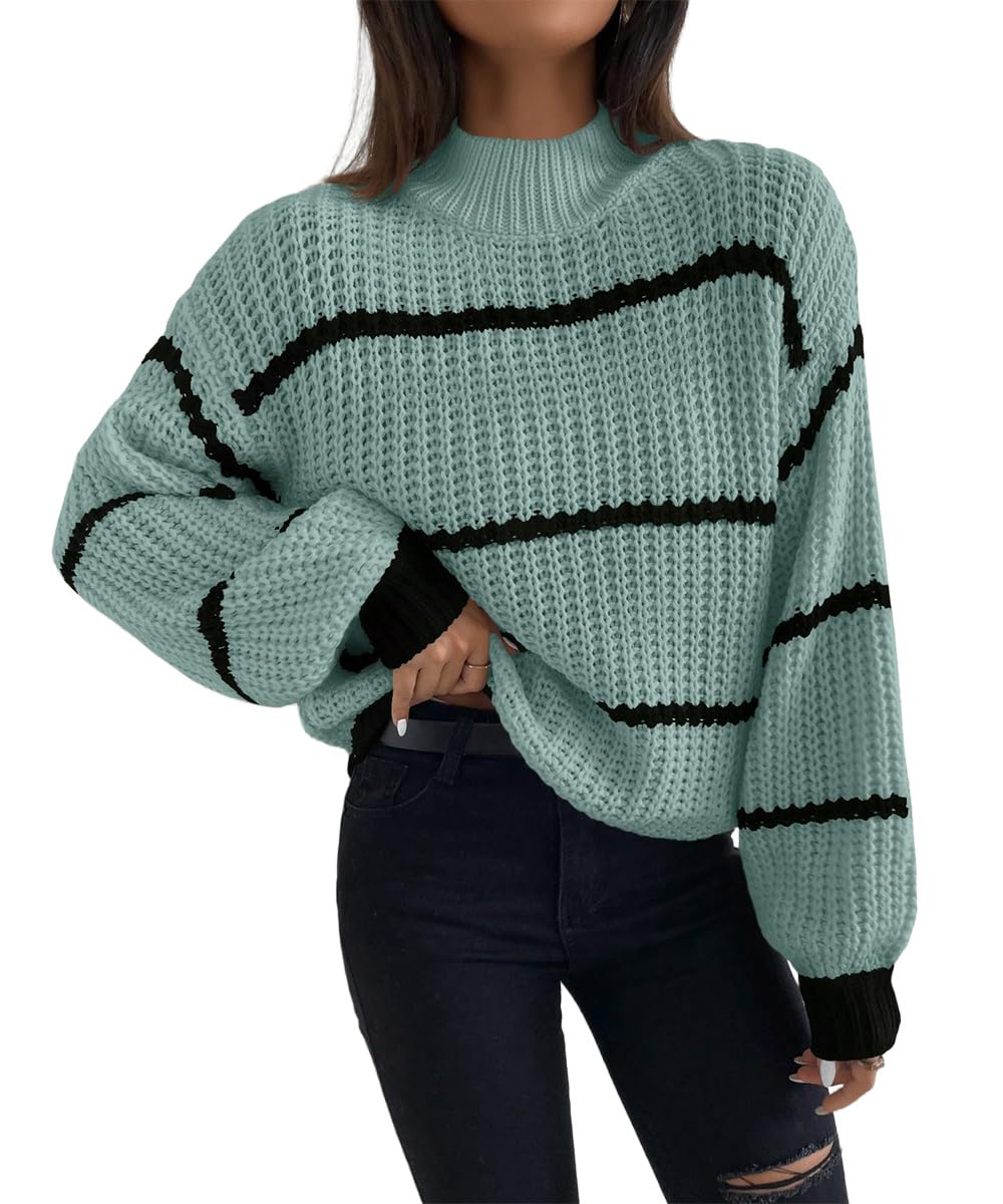 SKAYS Women High-Neck Cropped Sweater Striped Stand-Up Collar Dropped Shoulder Knitted Pullover
