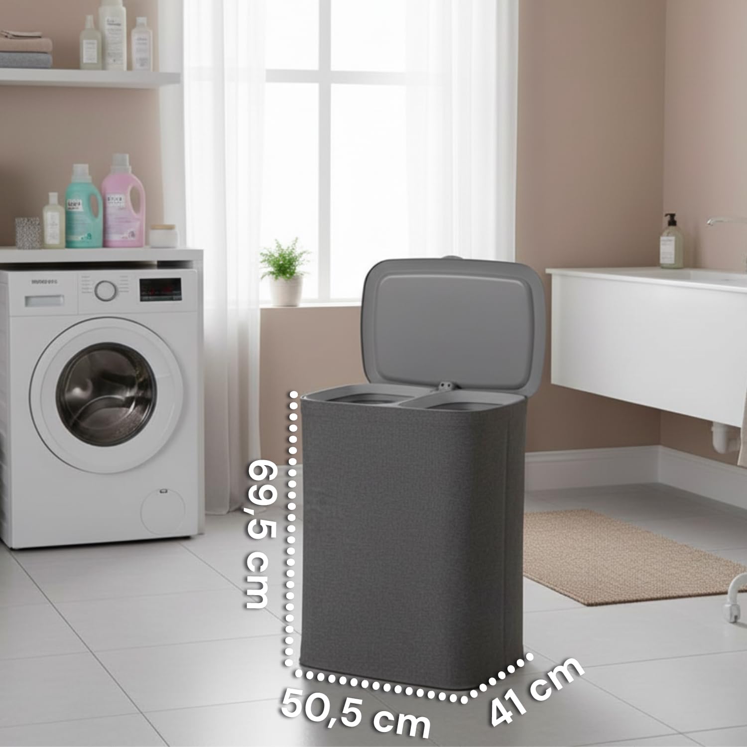 Avilia Cesta para la colada de 90 l con tapa, 2 compartimentos extraíbles y bolsas con asas, separa claros y oscuros, organizador para la colada de baño, lavandería o habitación