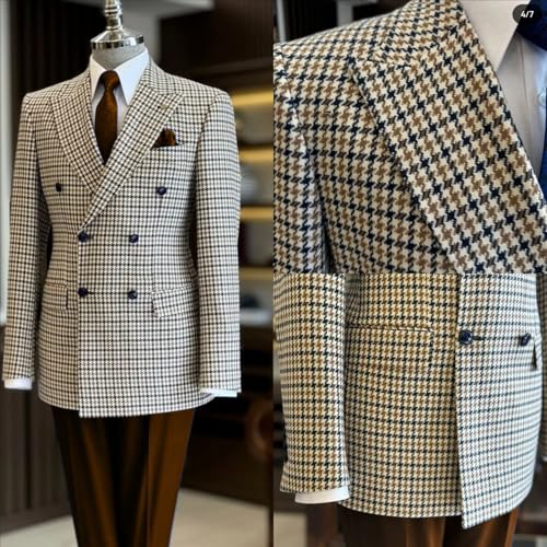 Premium Mens Houndstooth Dogstooth Tweed Plaid Slim Fit Jacket Prom Wedding Suit4