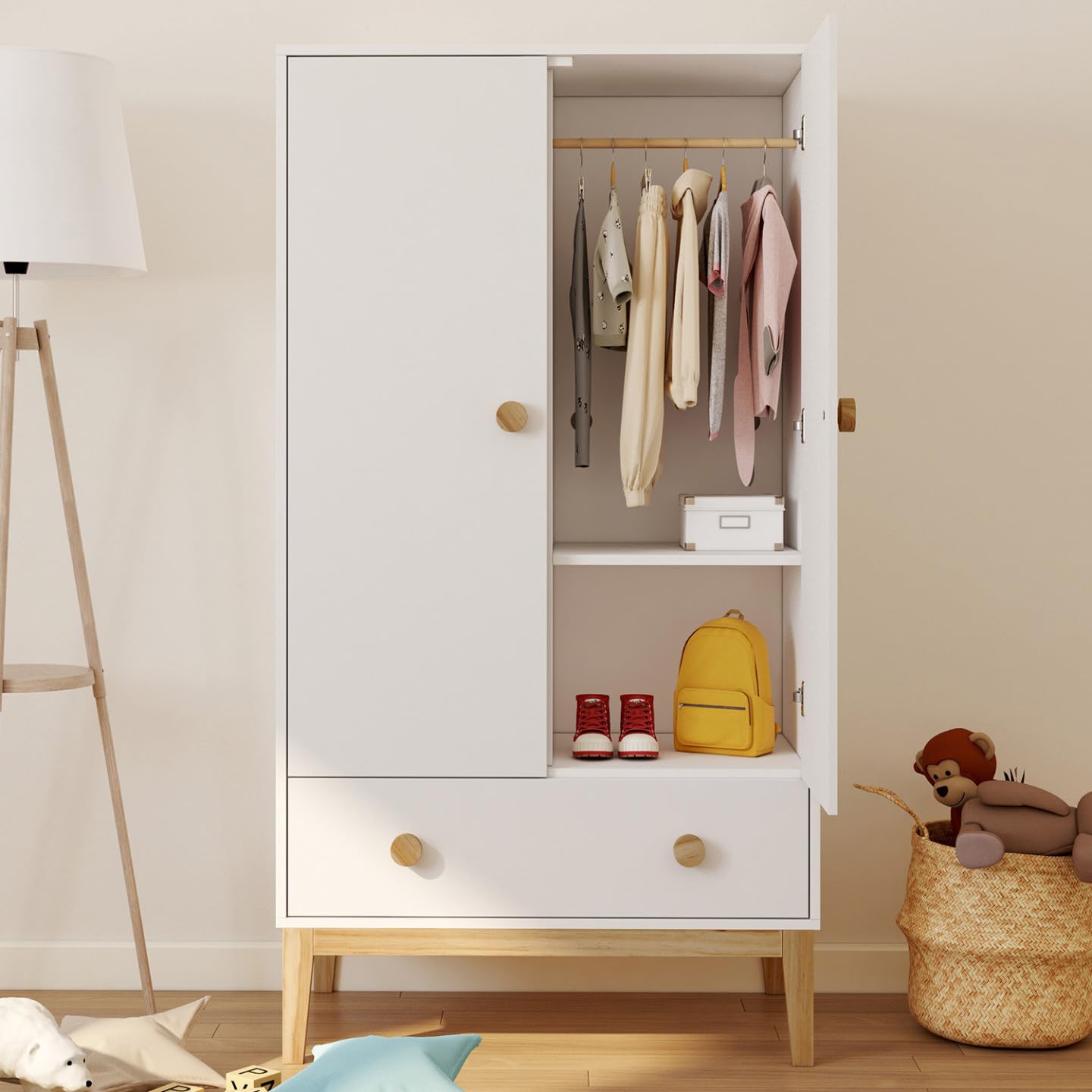 IDMarket - Armoire Enfant 2 Portes Jacob avec tiroir Blanc et Bois