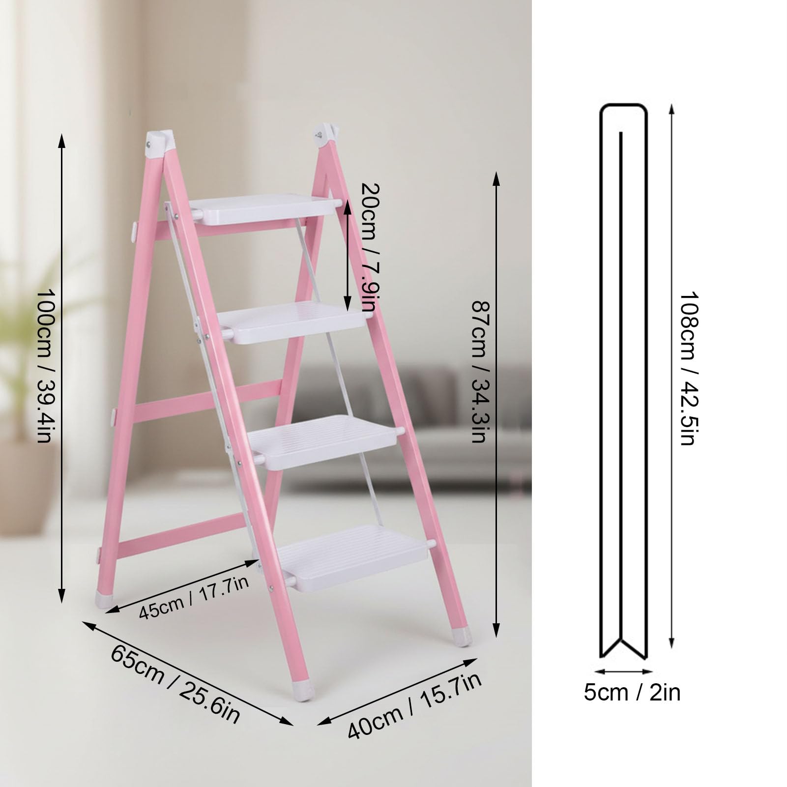 Srliya Scaletta a 4 Gradini Scaletta per Sgabello Pieghevole Antiscivolo per Fiori Addensata per Cucina Camera da Letto Ufficio Bianco Rosato