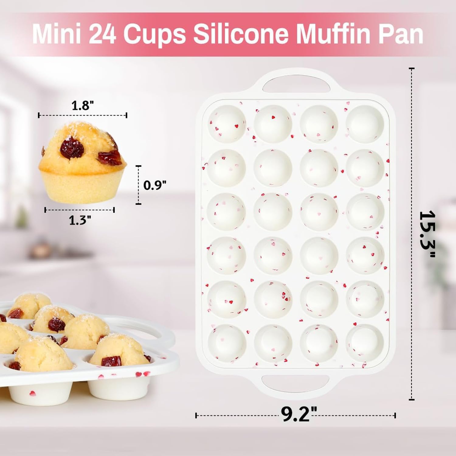 Mini-Muffinform für 24 Muffins, antihaftbeschichtet, aus Silikon, mit metallverstärktem Rahmen, BPA-frei, für Mini-Muffins, Cupcakes, Eierbisse, ofenfest