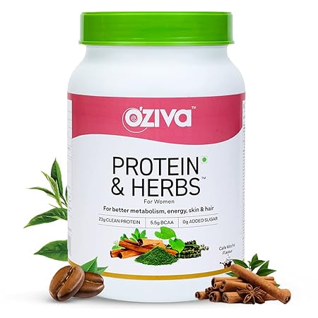 OZiva Protein & Herbs, Women, (Natural Protein Powder with Ayurvedic Herbs like Shatavari, Giloy, Curcumin & Multivitamins for Boosting Energy, Skin & Hair (Cafe Mocha, 1kg)
