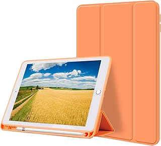 kenke Case for iPad 9th/8th/7th Generation 10.2 inch, Slim Lightweight Trifold Stand Smart Case with Pencil Holder, Auto Sleep/Wake Soft TPU Back Cover for iPad 10.2 2021/2020/2019, Orange