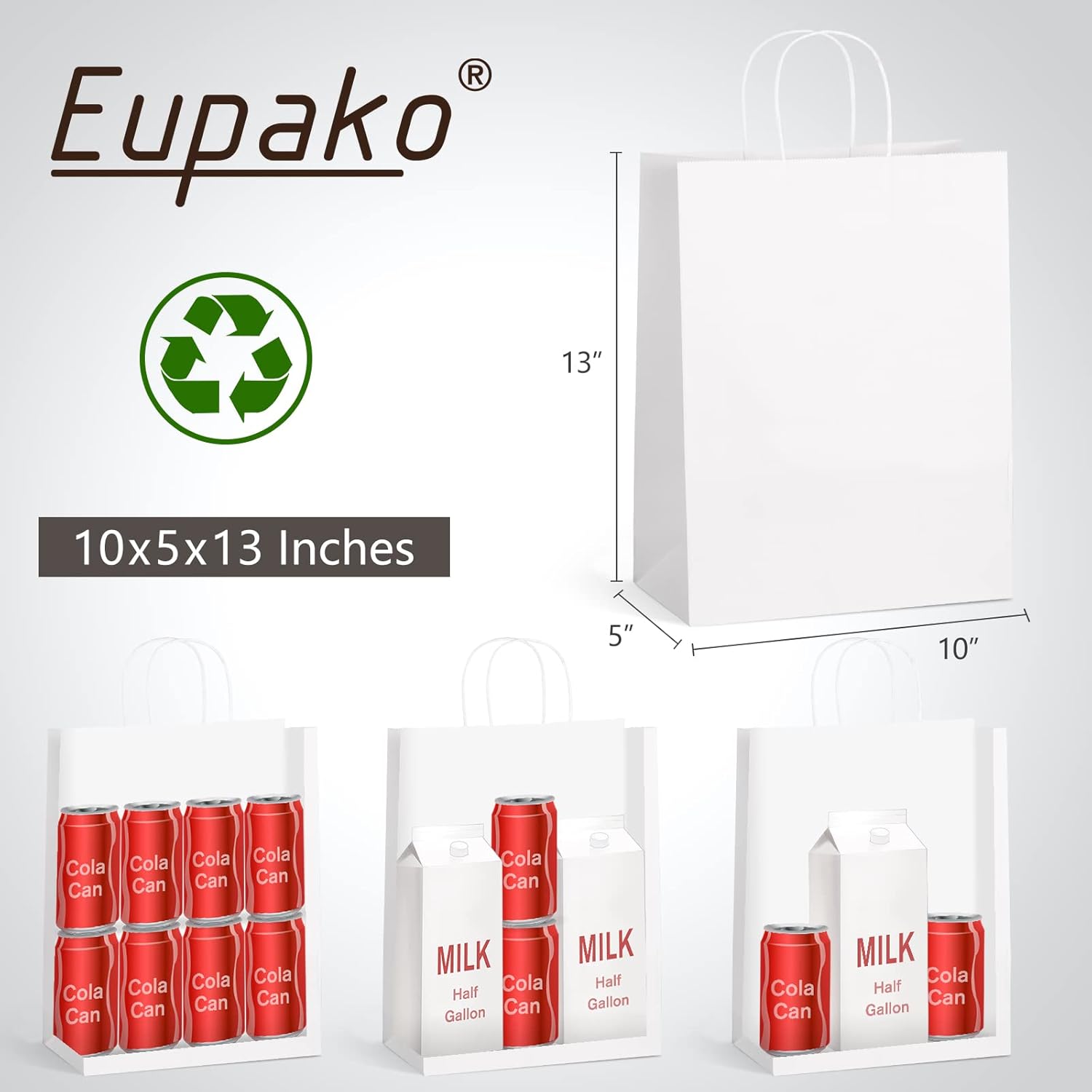 Eupako Kraft Shopping Bags 10x5x13 - 100 PCS White Paper With Handles, Gift Bulk, Party Favor, Merchandise, Retail - Image 4