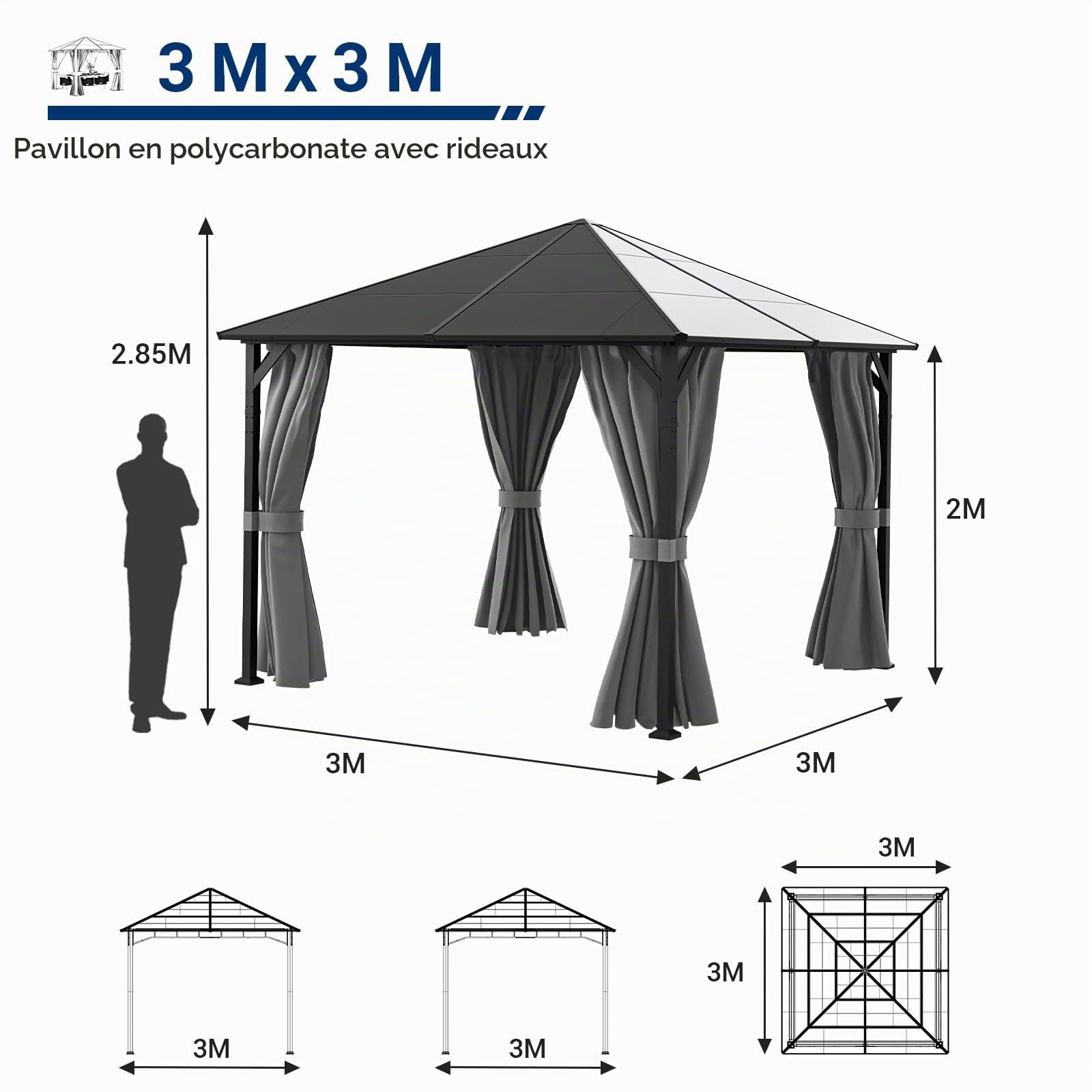 UDPATIO Tonnelle de Jardin 3x3m Imperméable - Toit UV Résistant avec Rideaux, Tonnelle Stabilisée pour Jardin, Terrasse (Gris)