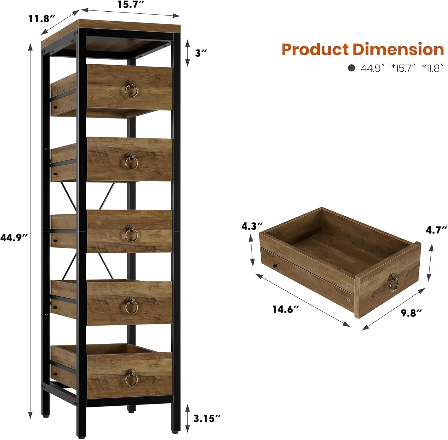 Bibliotheque Meuble de Rangement en bois,Étagère de Rangement Cuisine avec 5 tiroirs,Organisateur de Rangement en Cadre métallique pour cuisine,salon,salle de bain,Bureau(114X40X30cm,Naturel)