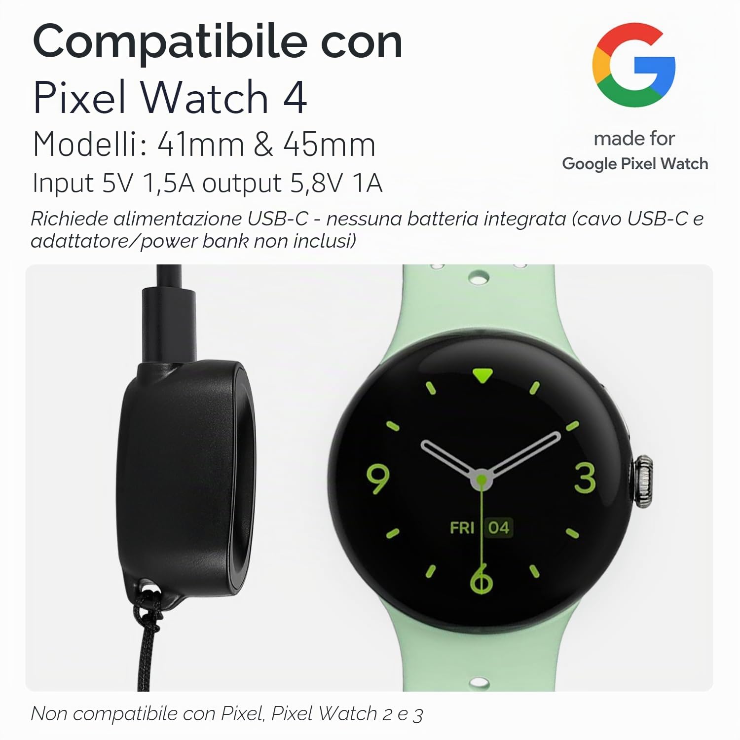 Wasserstein Caricabatterie On-The-Go compatibile con Google Pixel Watch 4 (41 mm e 45 mm) - Dock di ricarica portatile - Realizzato per Google - non compatibile con Pixel Watch, 2 e 3