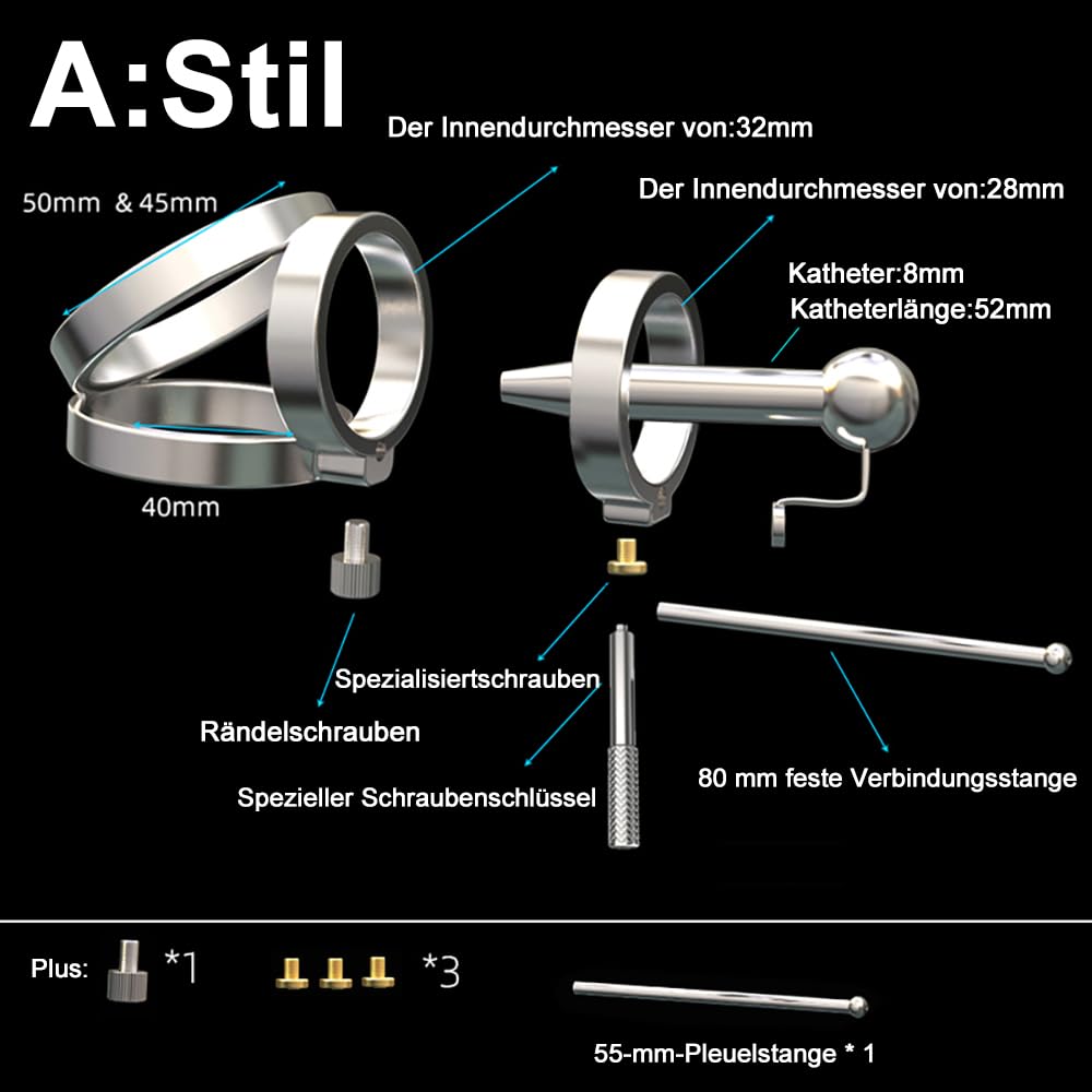 2024 Edelstahl Peniskäfig Keuschheitskäfig Mit Metall Katheter Harnröhrendilatator Cock Cage SM Keuschheitsgürtel Cockring Extrem Bondage Keuschheit Sex Spielzeug für Männer (A Stil:Ring⌀50mm)