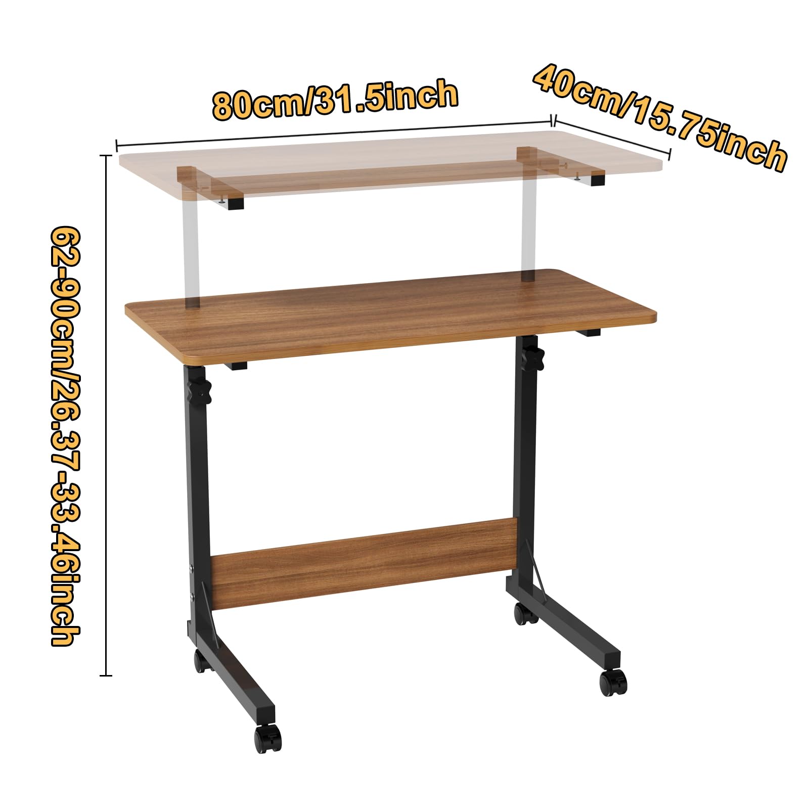 Mobilne biurko na laptopa z regulacją wysokości, kompaktowe biurko komputerowe, 62–90 cm, do domowego biura, brązowe (80 x 40 cm)