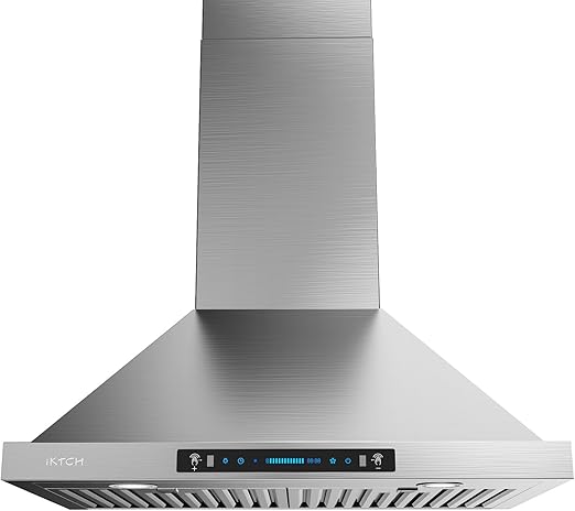 IKTCH 36-inch Wall Mount Range Hood 900 CFM Ducted/Ductless Convertible, Kitchen Chimney Vent Stainless Steel with Gesture Sensing & Touch Control Switch Panel, 2 Pcs Adjustable Lights(IKP02-36'')