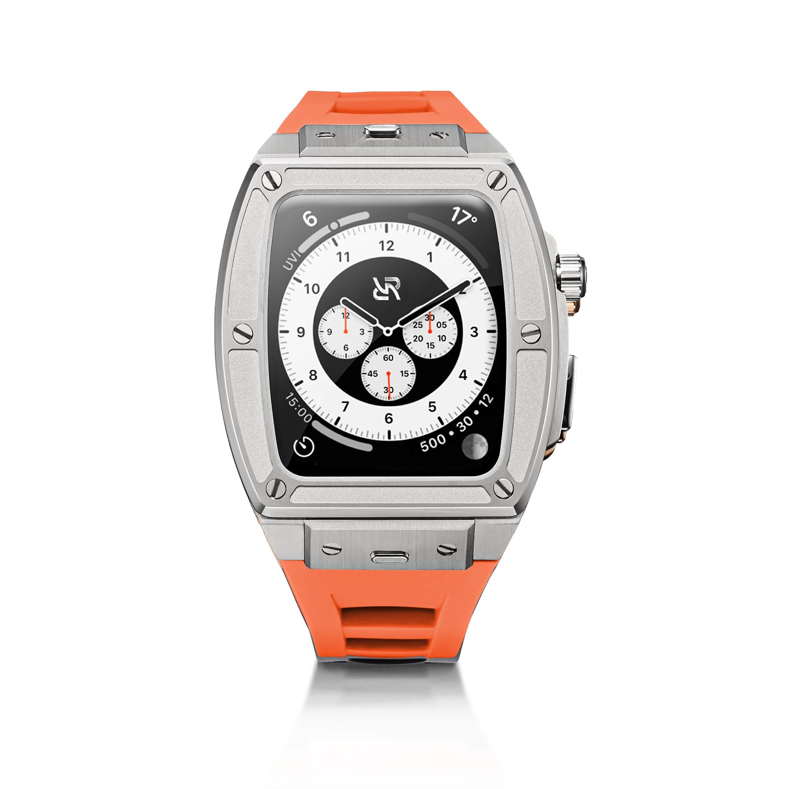RYUEUYA - Carcasa de acero inoxidable y correa de piel para Apple Watch Series 9, 8, 7, 6 SE, 44/45 mm, funciones tácticas y correa de cambio rápido para iWatch