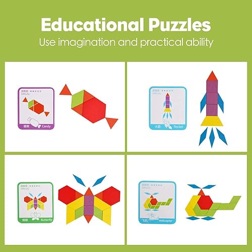 Miniatura 6 de Juego de bloques de madera con patrón de 155 piezas, rompecabezas de forma geométrica, Tangram de jardín de infantes, aprendizaje temprano,