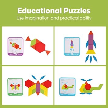 مجموعة كتل نمط خشبي 155 قطعة لغز الشكل الهندسي روضة أطفال Tangram Brain Teasers التعليم المبكر Montessori للأطفال الأعمار 3 - 8 مع 24 بطاقة تصميم