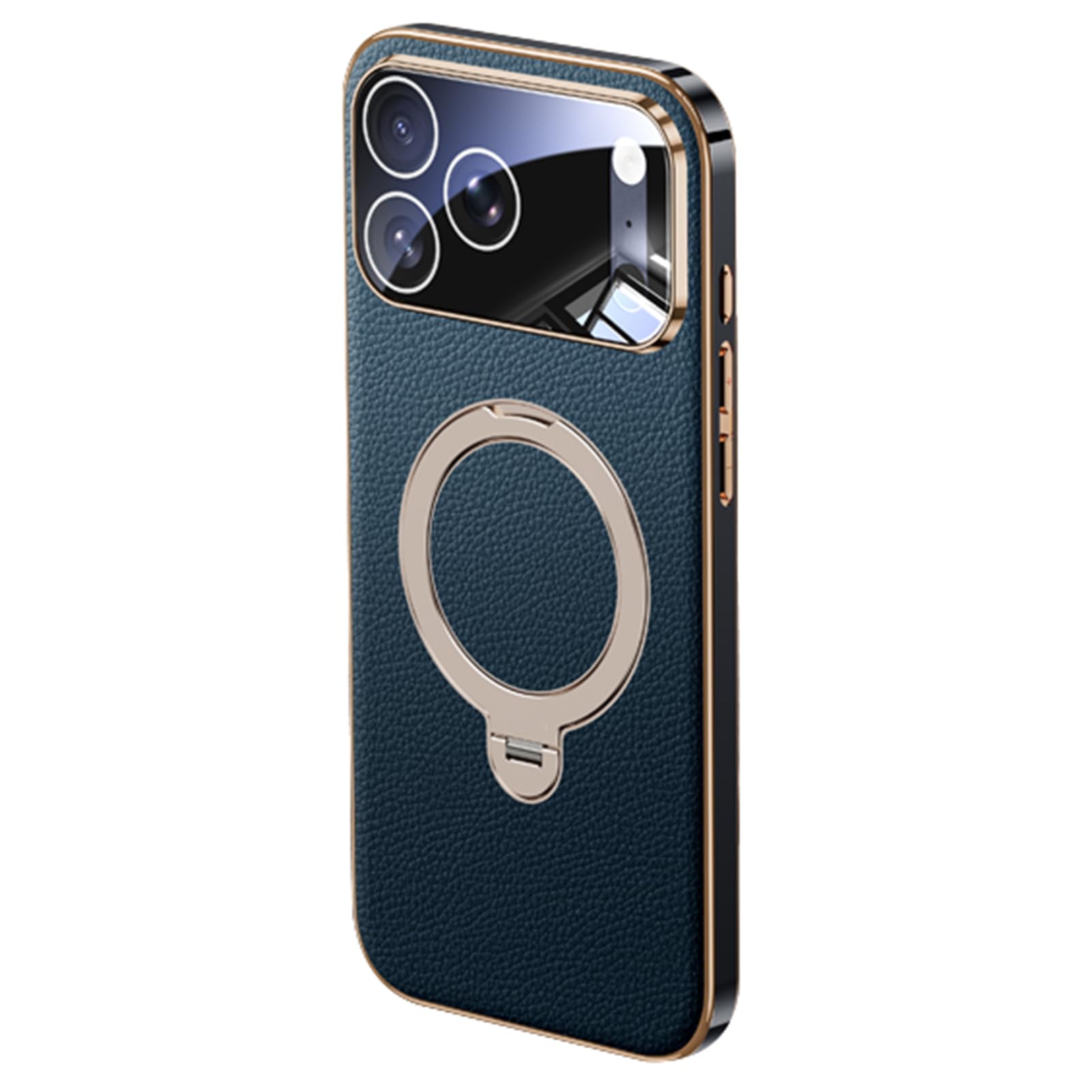 Coque en cuir véritable pour iPhone 17 Pro Max avec protection caméra et anneau magnétique bleu